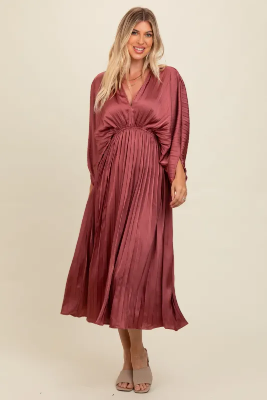 Mauve Satin Pleated V-Neck Maxi Dress sold by Pinkblush