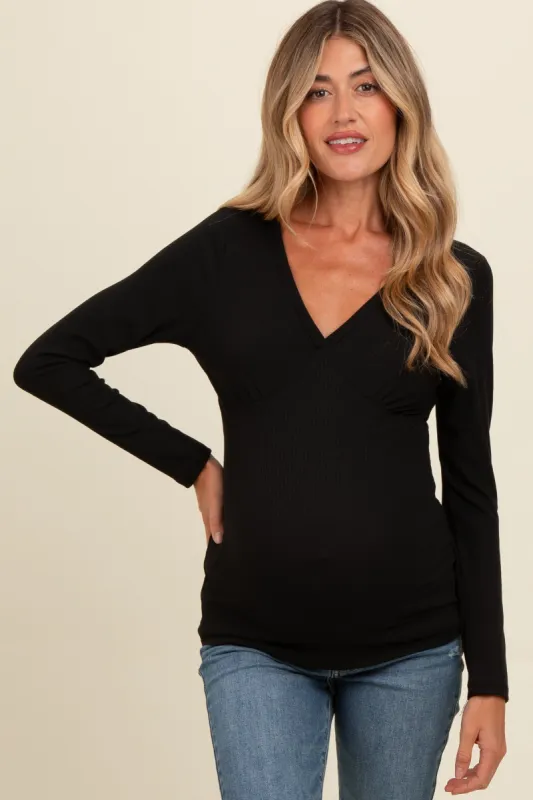 Black Ribbed V-Neck Long Sleeve Maternity Top sold by Pinkblush