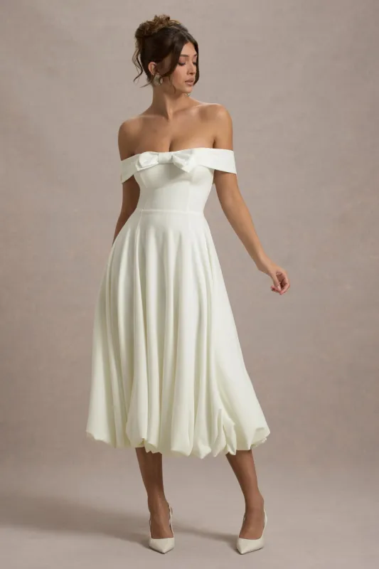 Calliopia | Cream Bow Bardot Midi Dress With Puff-Ball Skirt sold by Club L London