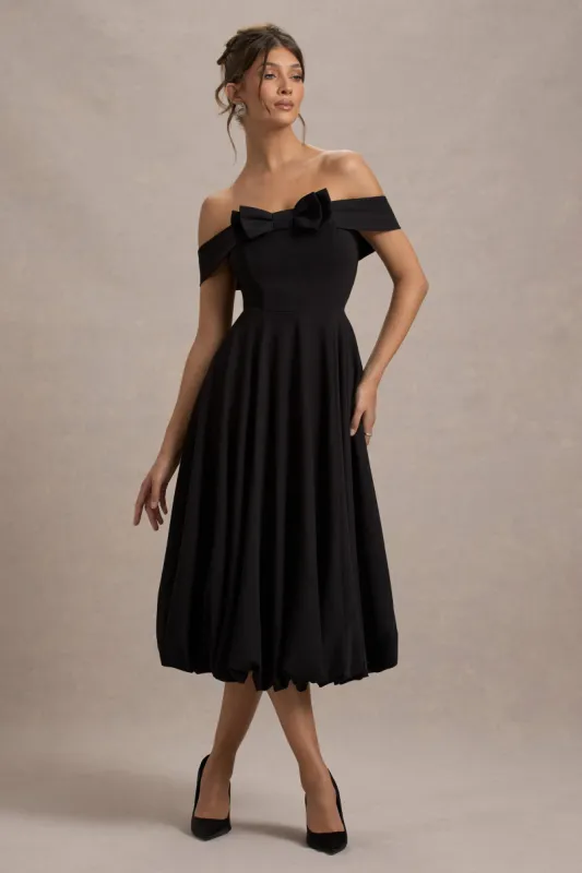 Calliopia | Black Bow Bardot Midi Dress With Puff-Ball Skirt sold by Club L London