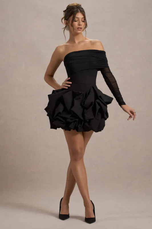Regatta | Black Asymmetric Mesh Sleeve Ruffle Mini Dress sold by Club L London