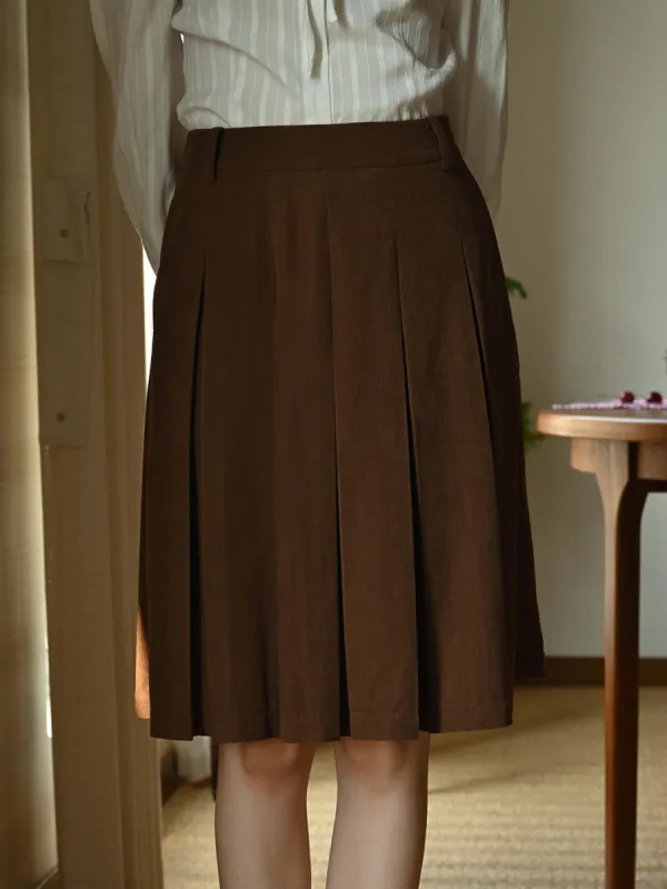 Angie Vintage Corduroy Pleated A-Line Skirt - Brown sold by Simple Retro