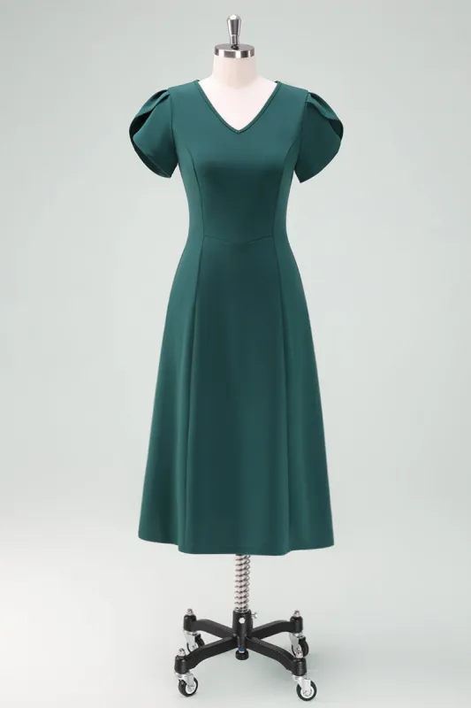 Dark Green V-Neck Cocktail Dress with Short Sleeves sold by Zapaka