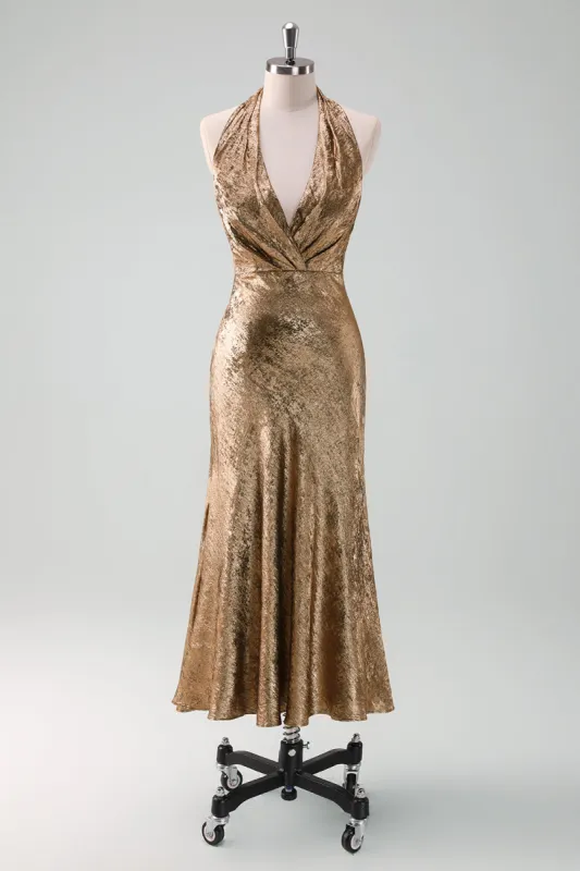 Golden Halter Neck Mermaid Midi Wedding Guest Dress sold by Zapaka