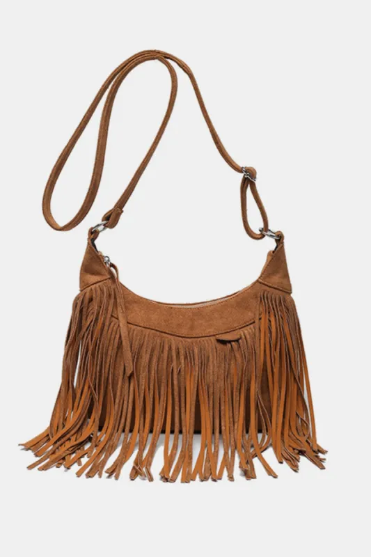 Suede Fringe Adjustable Strap Shoulder Bag sold by Charming Charlie