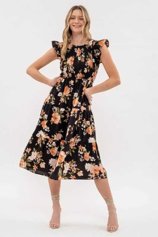 SMOCKED TIERED FLORAL MIDI DRESS sold by Blu Pepper