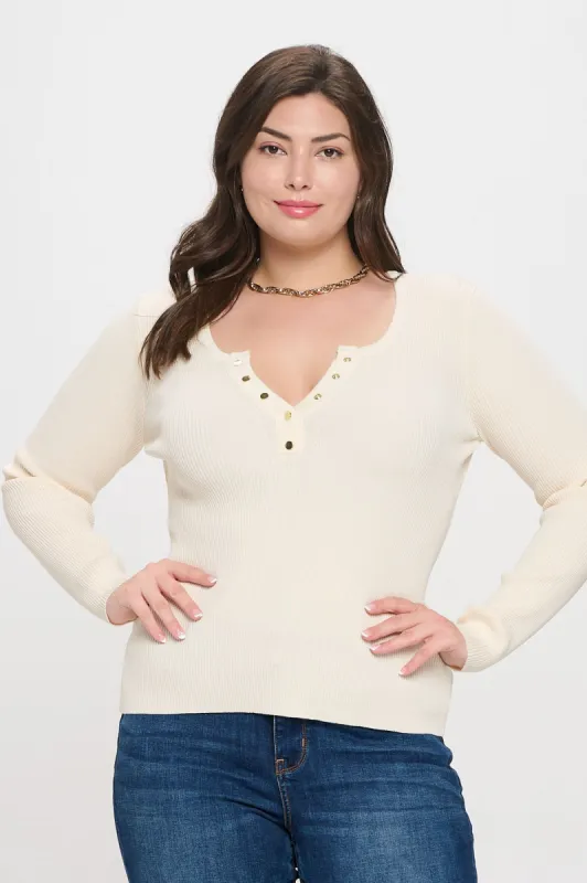 PLUS SOLID LONG SLEEVE HENLEY SWEATER KNIT TOP sold by Blu Pepper