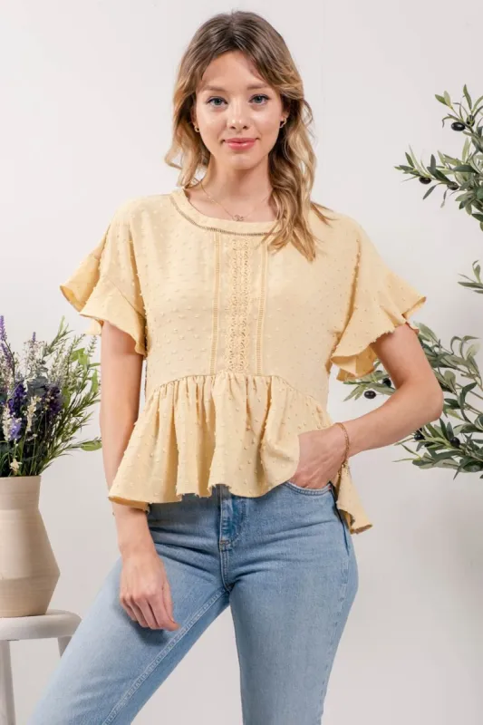 FLOUNCE HEM TEXTURED WOVEN TOP sold by Blu Pepper