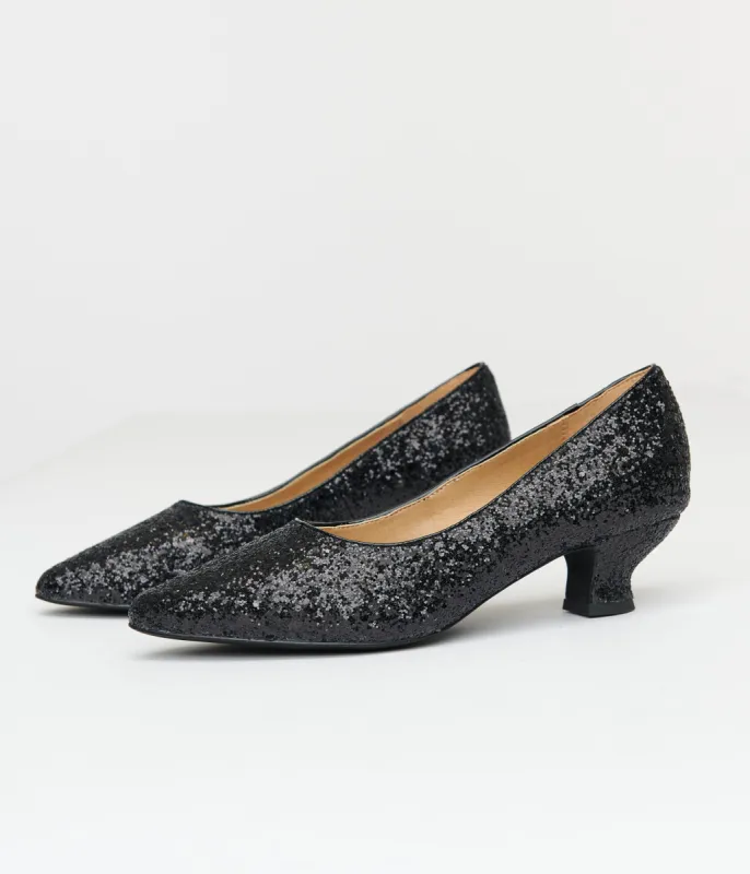 Unique Vintage 1950s Black Sparkle Pointed Kitten Heels sold by Unique Vintage