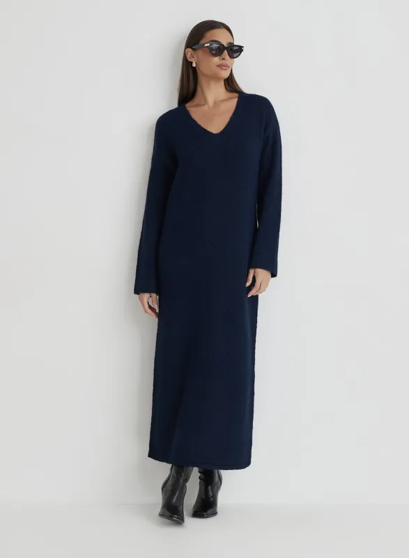 Navy V Neck Knitted Maxi Dress- Dahlia sold by 4th and Reckless