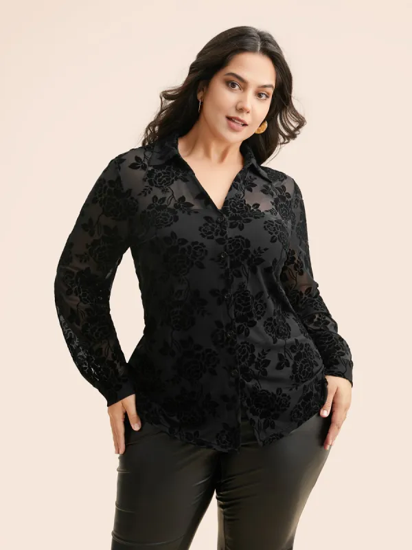 Shirt Collar Floral Flocking Mesh Blouse sold by Bloomchic