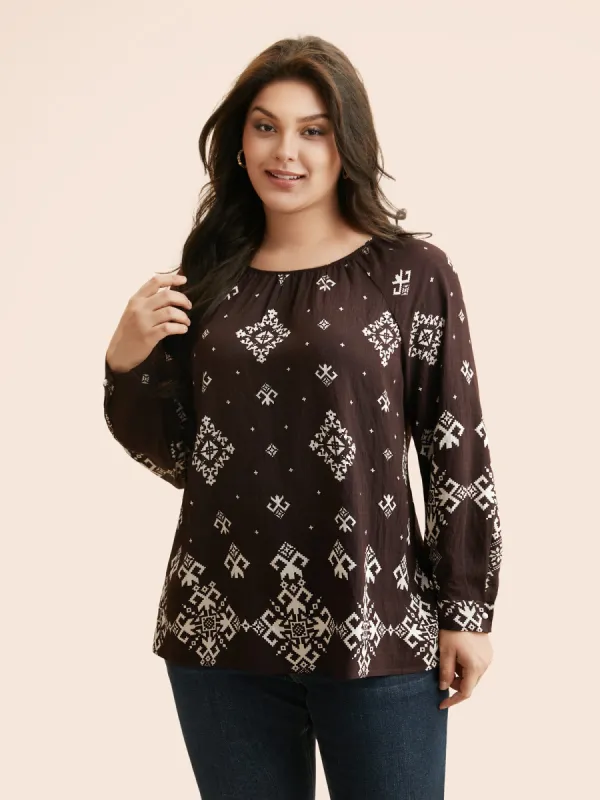 Bandana Geometric Crew Neck Gathered Blouse sold by Bloomchic