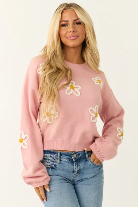 Carnation Floral Embroidered Puff Sleeve Sweater sold by Lime Lush