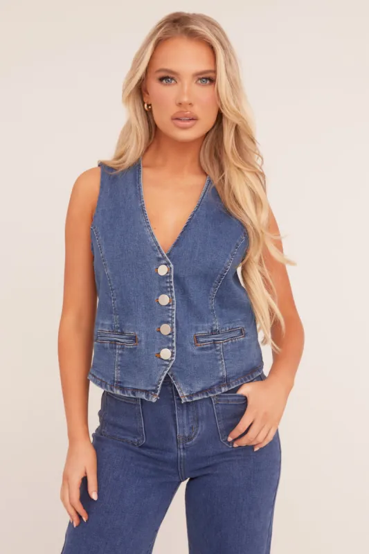 Mid Blue Button Up Denim Waistcoat - Angelica sold by Rebellious Fashion
