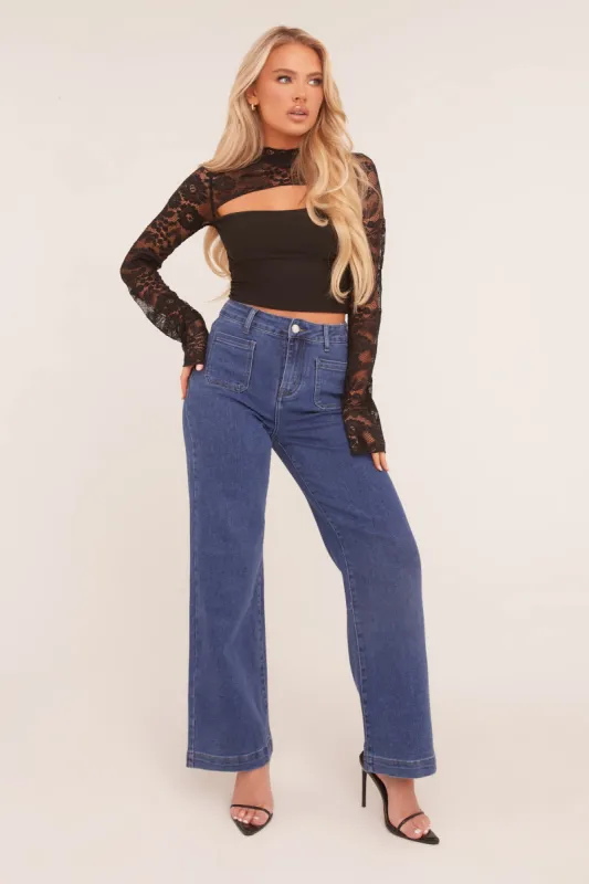 Dark Blue Stretch Pocket Detail Straight Leg Jeans - Harlow sold by Rebellious Fashion