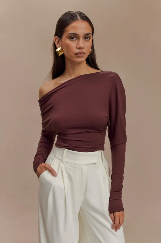 Yasmin Asymmetrical Long Sleeve Top - Mahogany sold by Meshki