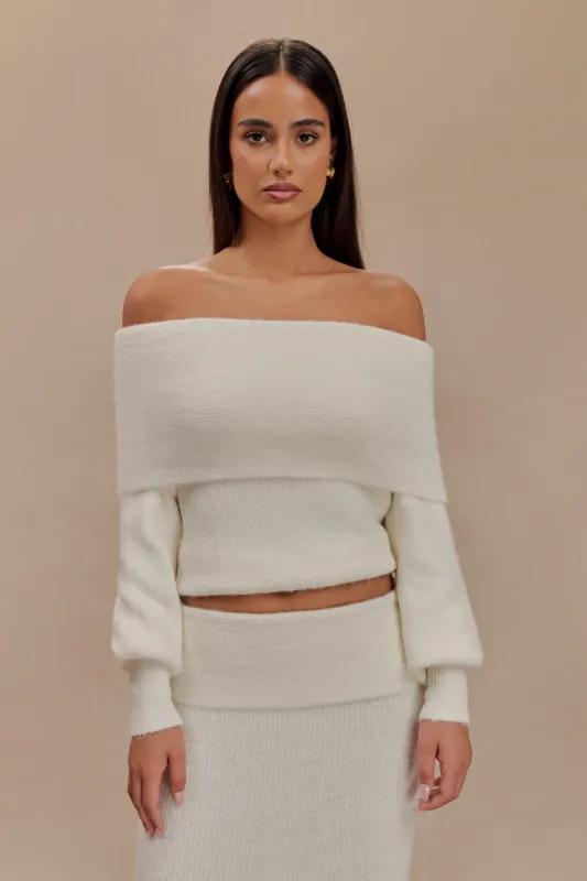 Charlotte Off Shoulder Knit Long Sleeve Top - Ivory sold by Meshki