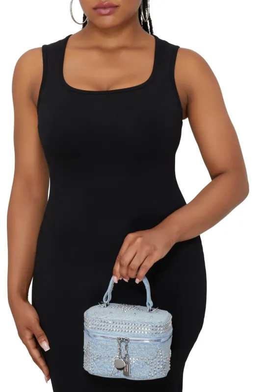 Denim Studded Top Handle Mini Crossbody Bag sold by Rainbow