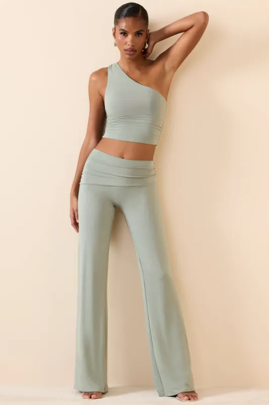 Mid Rise Straight Leg Trousers in Smoke Green sold by Oh Polly