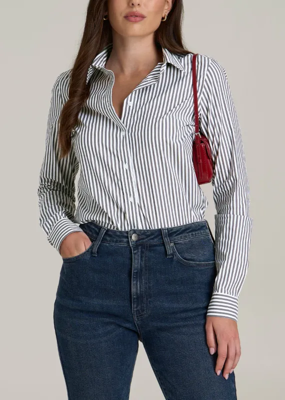 Slim Fit Button Up Women's Tall Shirt in Grey and White Stripe sold by American Tall