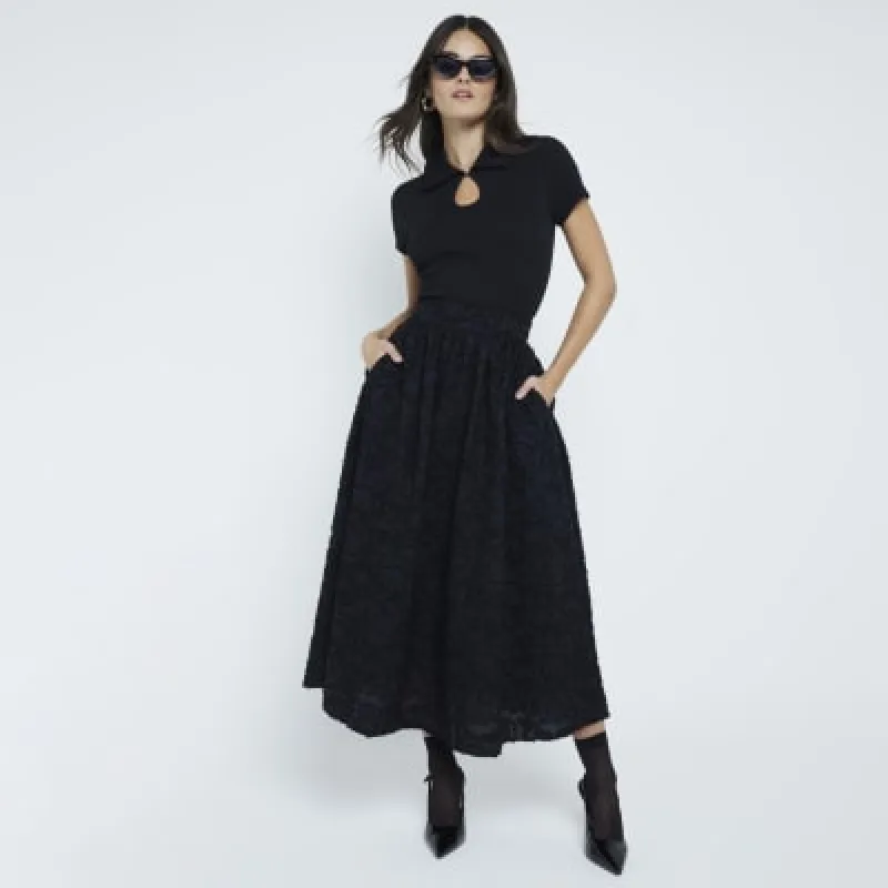Black Textured Prom Midi Skirt sold by River Island