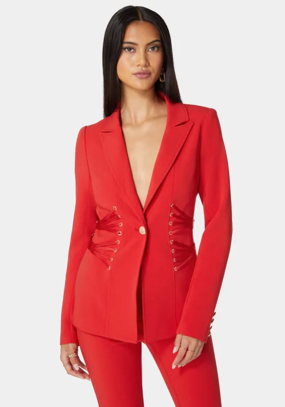 Satin Detail Tailored Woven Twill Blazer sold by Bebe
