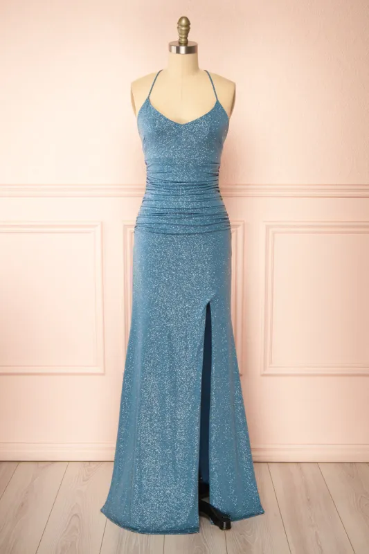Samira Blue Grey | Sparkly Mermaid Maxi Dress w/ Slit sold by Boutique 1861