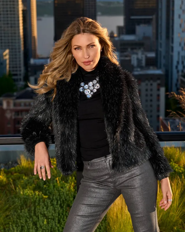 Metallic Faux Fur Shawl Collar Chubby Black/Silver sold by Boston Proper