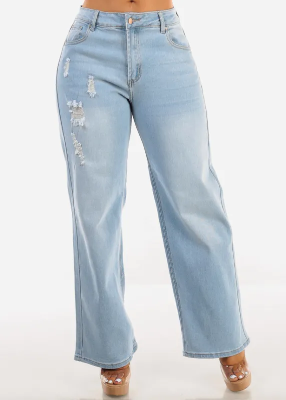 Super High Waist Straight Wide Leg Light Ripped Jeans sold by Moda