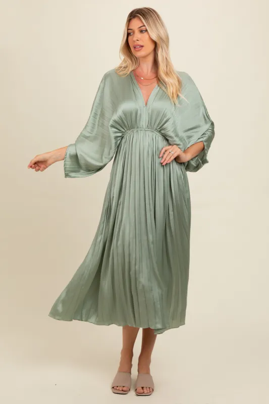 Light Olive Satin Pleated V-Neck Maxi Dress sold by Pinkblush