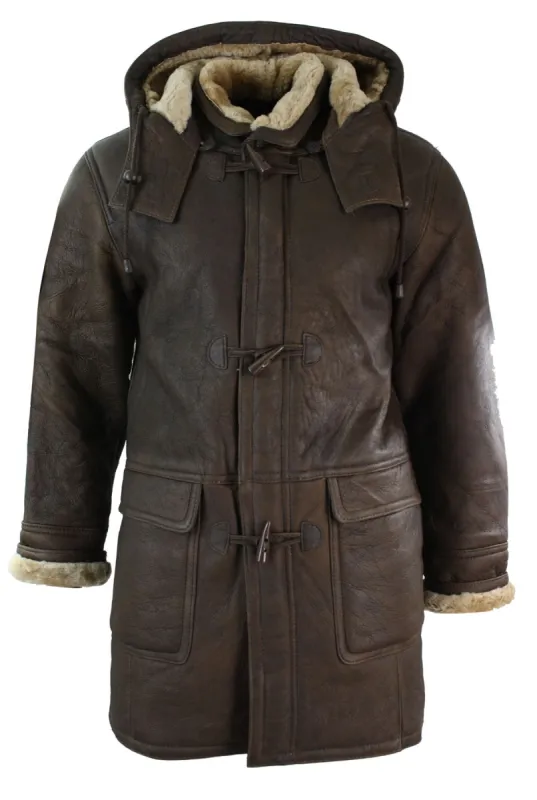 Men's Winter Sheepskin Leather Duffle Safari Jacket Tan ginger & Ginger Hood sold by Tru Clothing