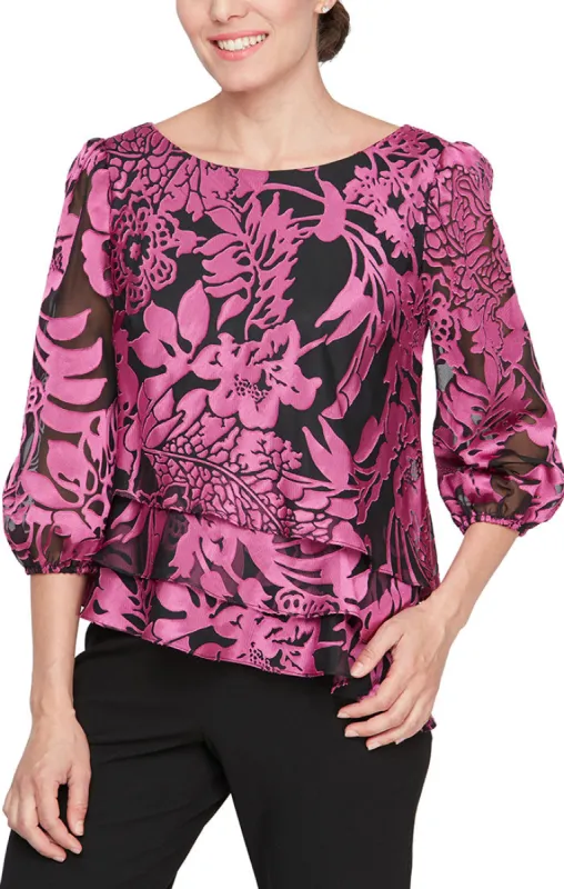 Regular - Printed Chiffon Blouse with Illusion Balloon Hem Sleeves and Asymmetric Tiered Hem sold by Alex Evenings