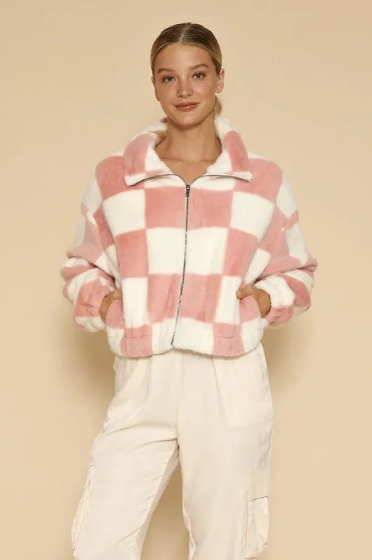 Fuzzy checkered zip front jacket sold by Charming Charlie