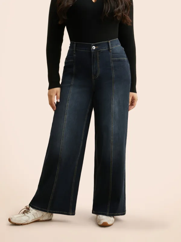 Dark Wash Elastic Waist Straight Leg Jeans sold by Bloomchic