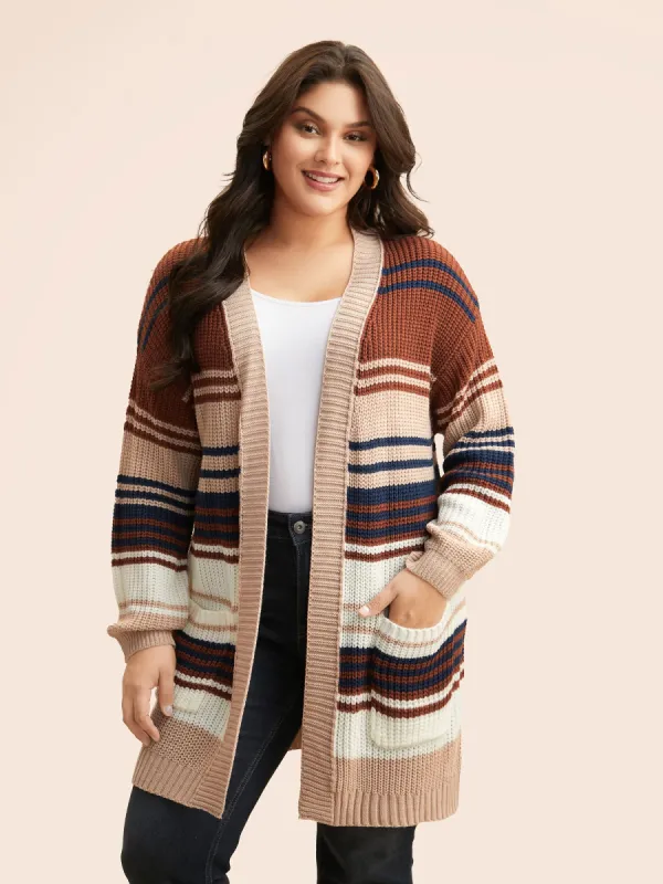 Contrast Striped Pocket Drop Shoulder Cardigan sold by Bloomchic