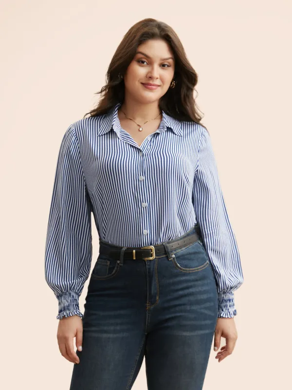 Striped Shirt Collar Shirred Blouse sold by Bloomchic