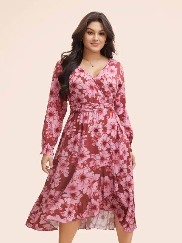 Floral Overlap Collar Ruffle Trim Dress sold by Bloomchic