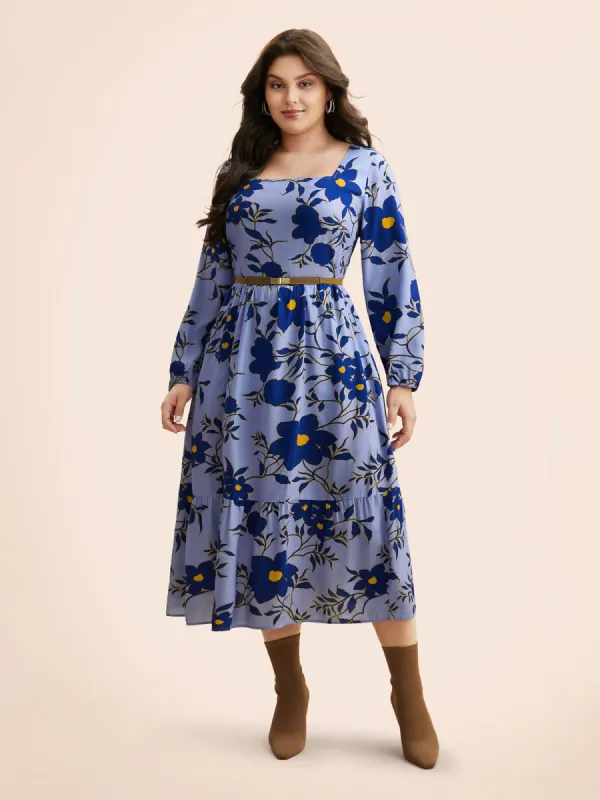 Square Neck Floral Patchwork Ruffle Hem Dress sold by Bloomchic