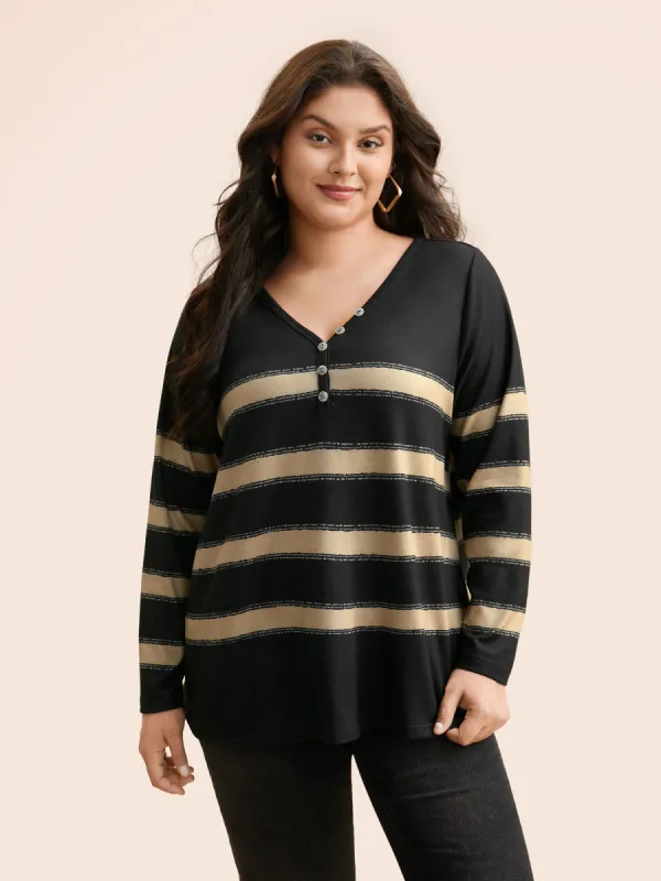 Contrast Striped Button Detail T-shirt sold by Bloomchic
