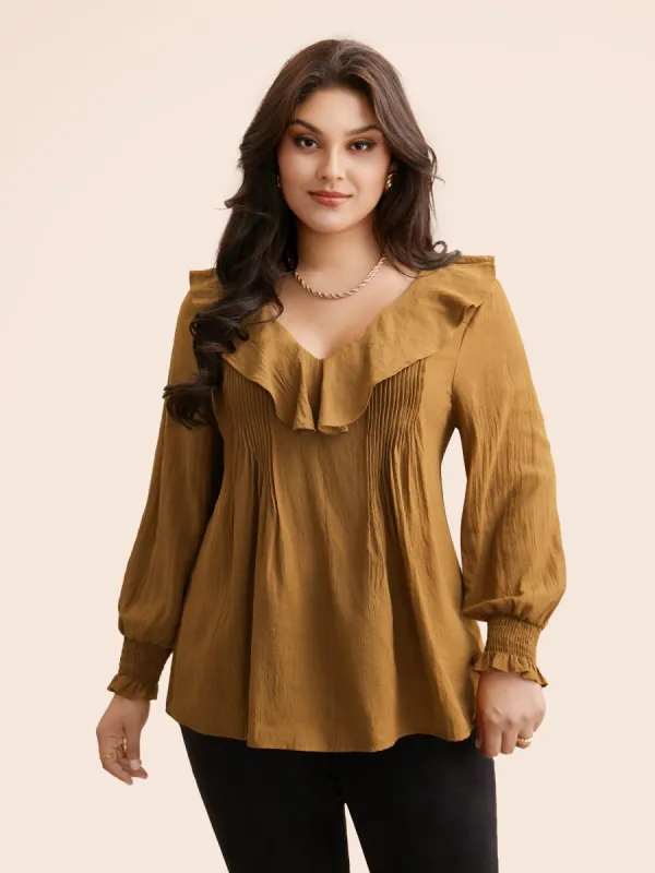 Solid Texture Pleated Ruffle Trim Blouse sold by Bloomchic