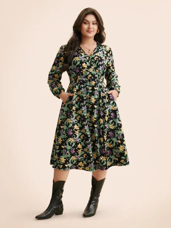 Floral Overlap Collar Lantern Sleeve Dress sold by Bloomchic