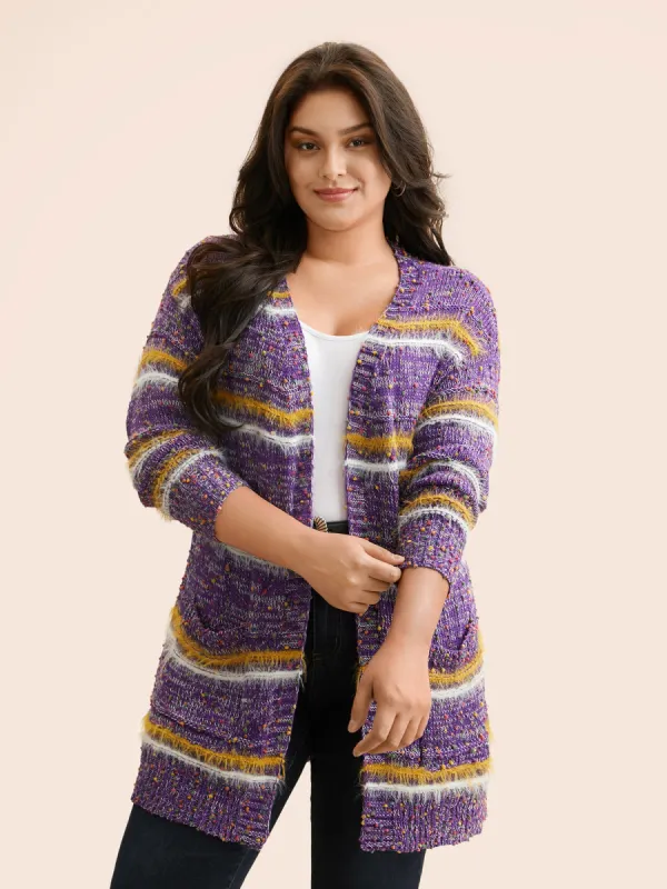 Striped Contrast Texture Fluffy Cardigan sold by Bloomchic