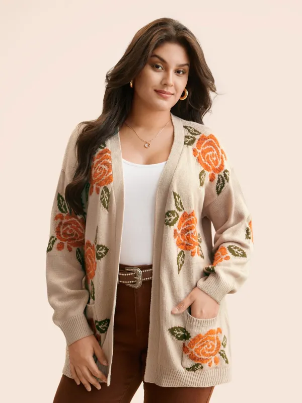 Floral Texture Patch Pocket Cardigan sold by Bloomchic