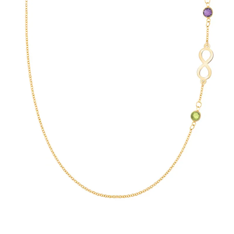 Personalized Classic Infinity & 2 Birthstone Necklace in 14k Gold sold by Haverhill