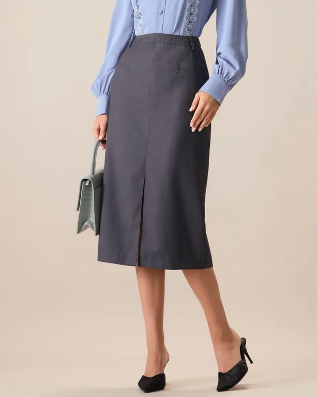 Women's Grey High-waisted Straight Slit Midi Skit sold by rihoas