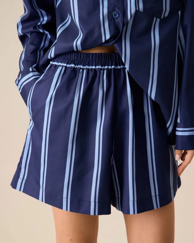 Women's Navy Striped Elastic Waist Shorts sold by rihoas
