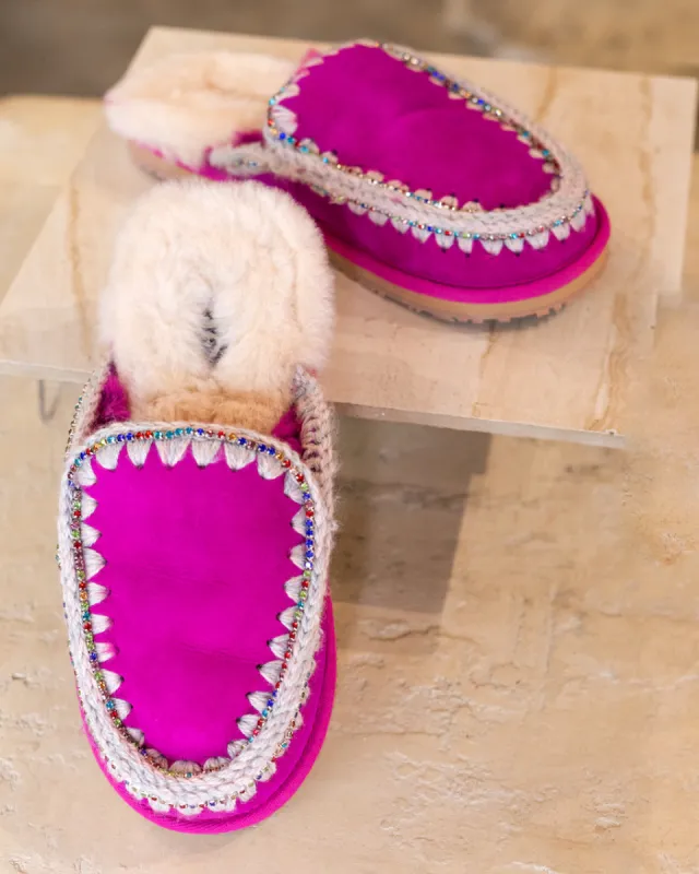 Suede Eskimo Slipper Rhinestones - Cyclamin sold by Care Tucker