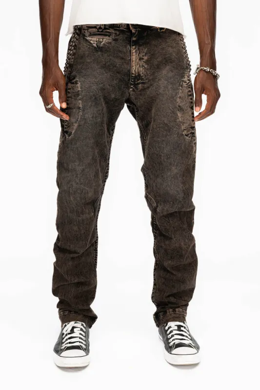 MENS CHINO PANTS WITH STUDS AND CRYSTALS IN BROWN WASH sold by Robin's Jean