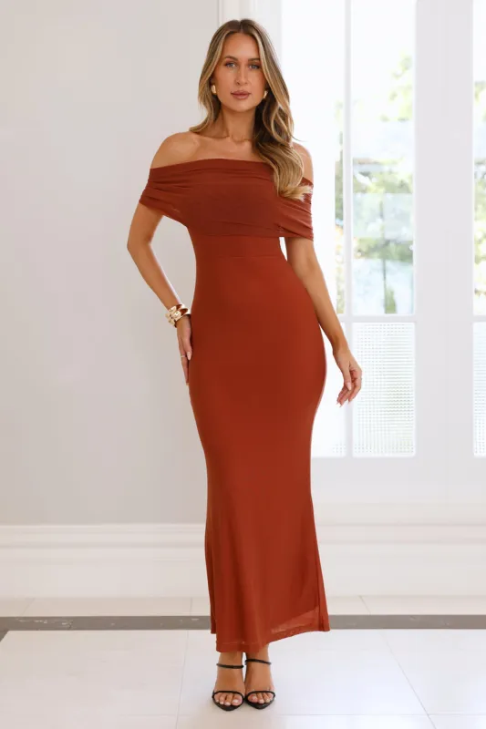 Invited Off Shoulder Mesh Maxi Dress Brown sold by Hello Molly