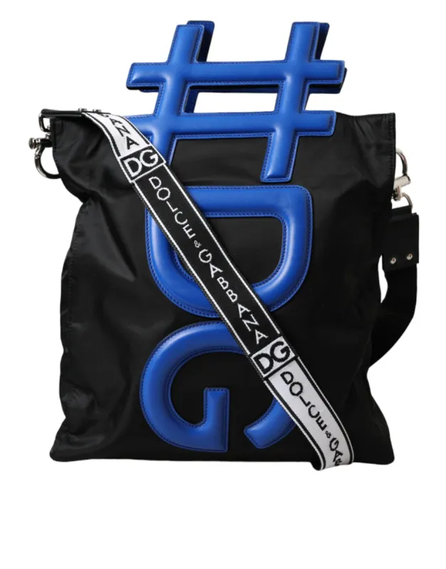 Black Nylon Blue Leather Hashtag Shopping Tote Bag sold by Louxly